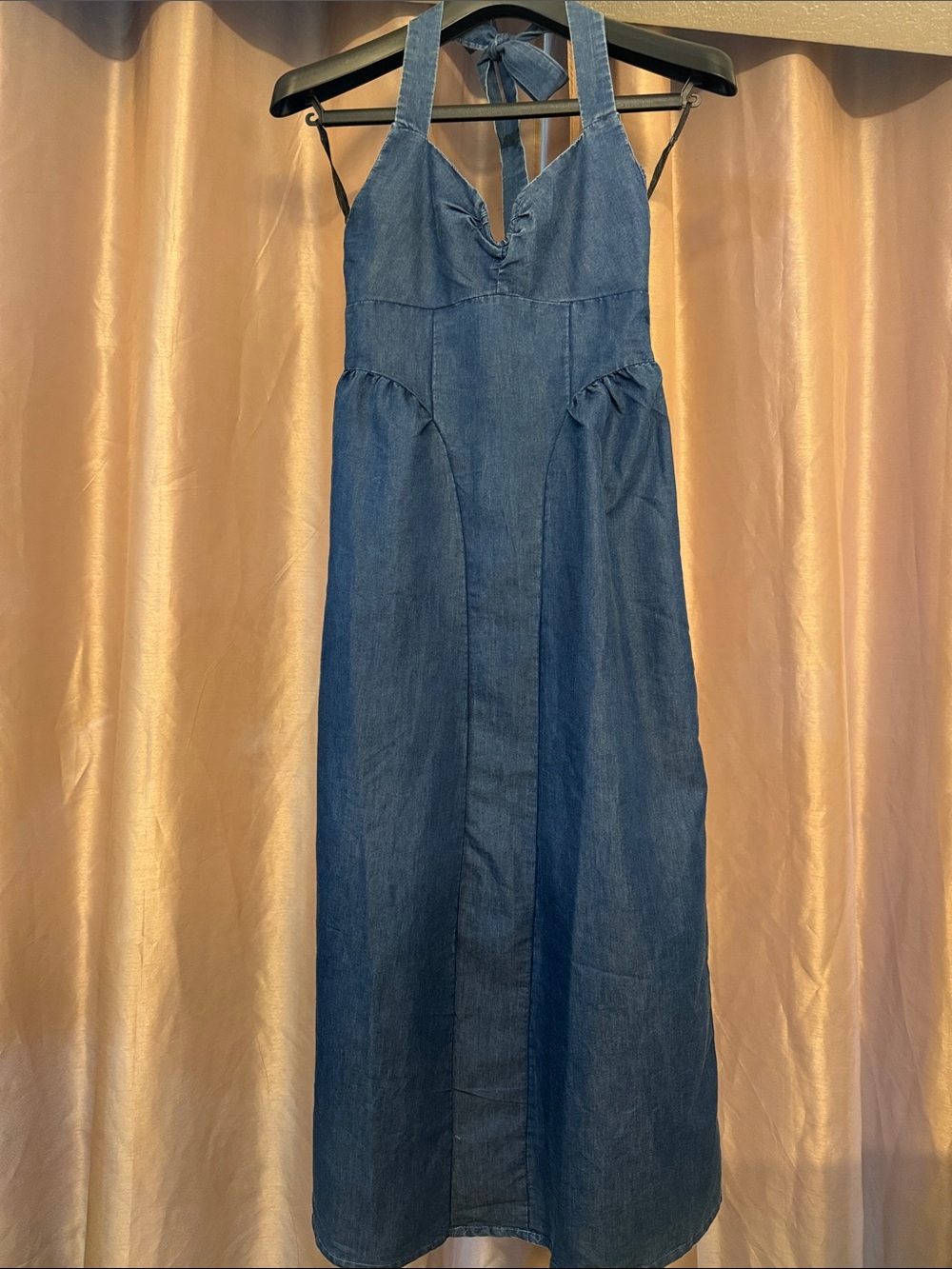 Blush Navy Denim Halter Maxi Dress with Back Tie